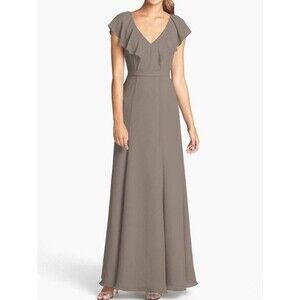 Jenny Yoo Collection Dress Cecilia Taupe Dove Ruffle Flutter Sleeve Gown Size 8